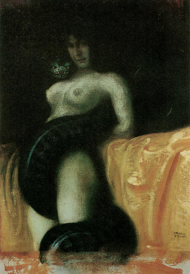 Eine nackte Frau mit vorgestrecktem Busen und einer riesigen Schlange um den Leib gewunden schaut düster den Betrachter an erotische Kunst Malerei Franz von Stuck