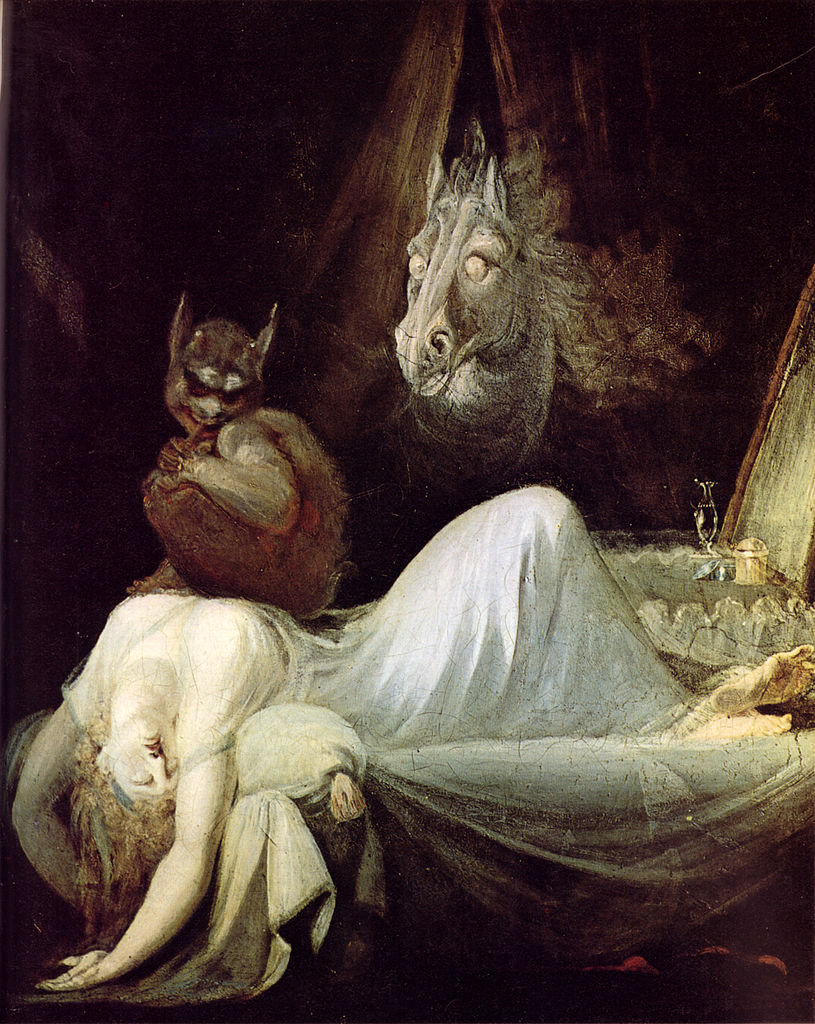 Eine Frau im Nachthemd liegt auf einem Bett ausgestreckt und zwei Monster schauen aus der Dunkelheit herein erotischer Horror